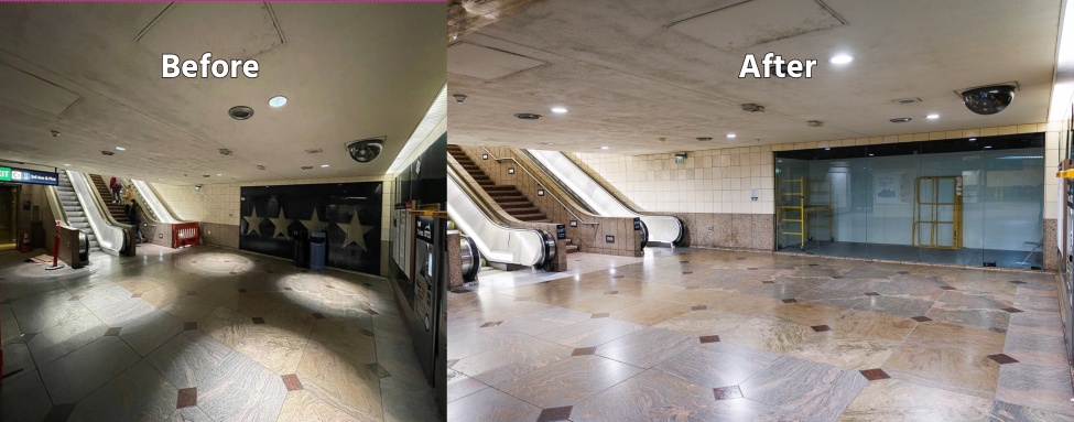 Before and after photos of an area near the escalators in Westlake Station shows lighting improvements