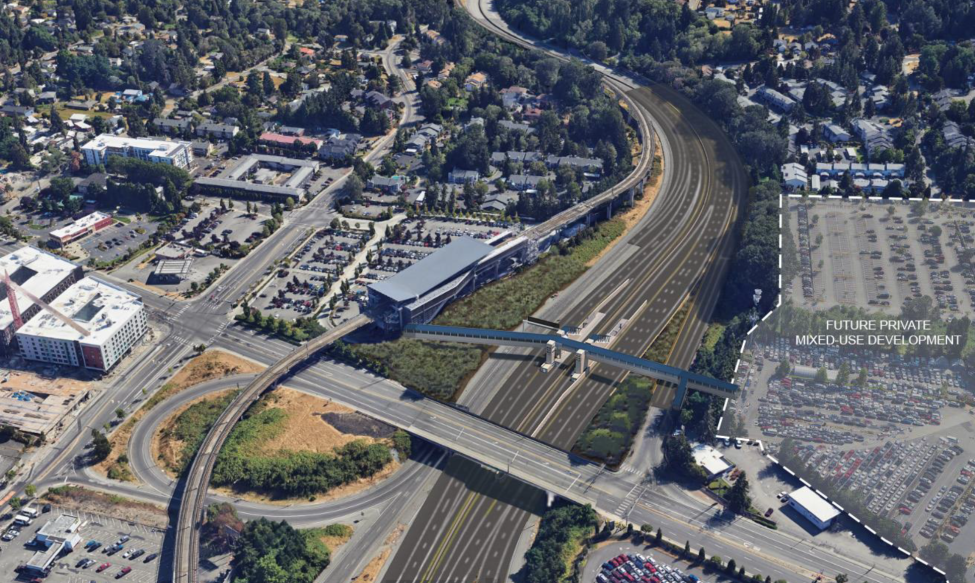An aerial view of a highway with a new station on the left and a future private mixed-use development on the right