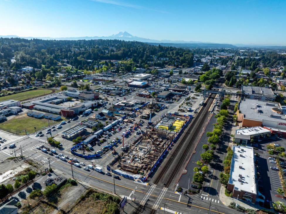 A drone shot of construction at Kent Station's new garage