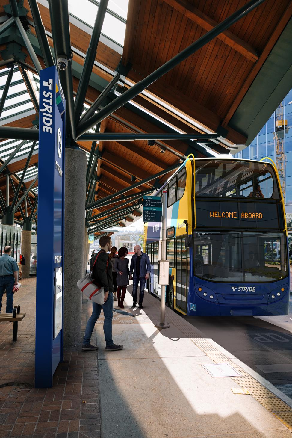 A rendering of people waiting at a bus stop for an approaching double decker Stride bus