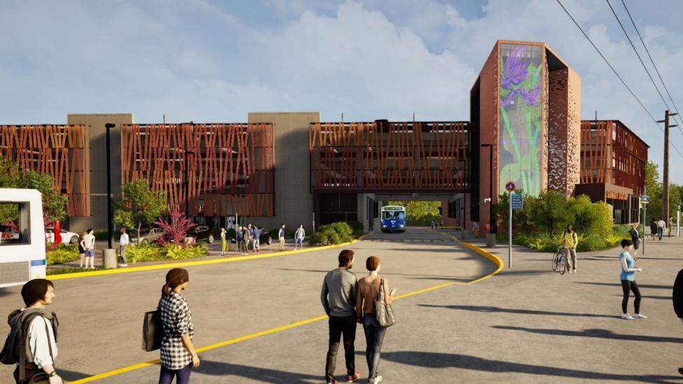 A rendering of people walking around the future parking garage at Sumner Station