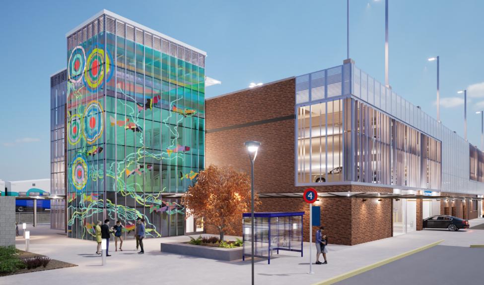 Art on glass is rendered at the future Kent Station garage