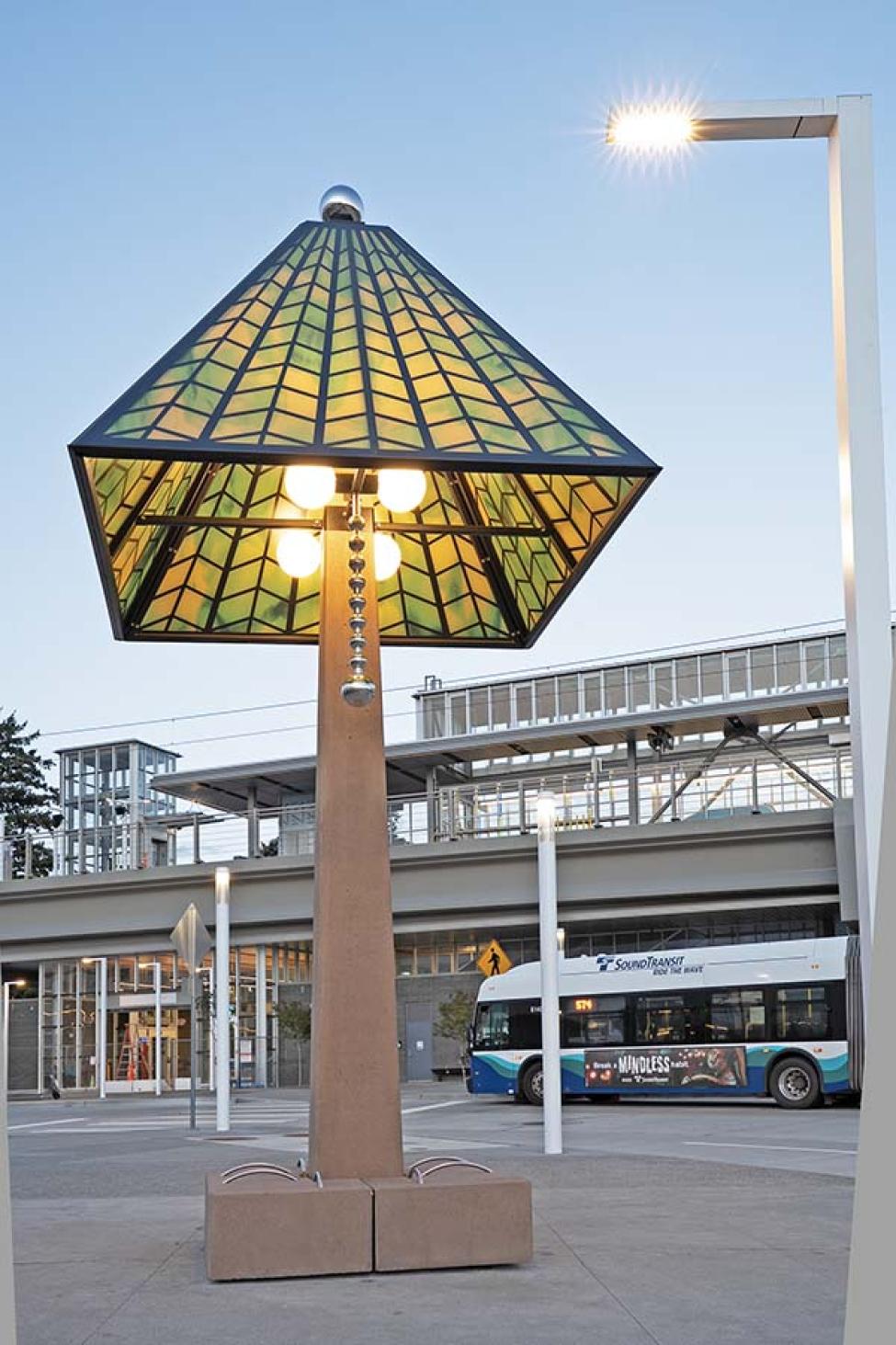 A large piece of art that looks like a lamp at Federal Way Downtown Station