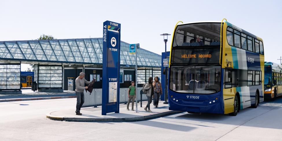 A rendering of a Stride bus at a station.