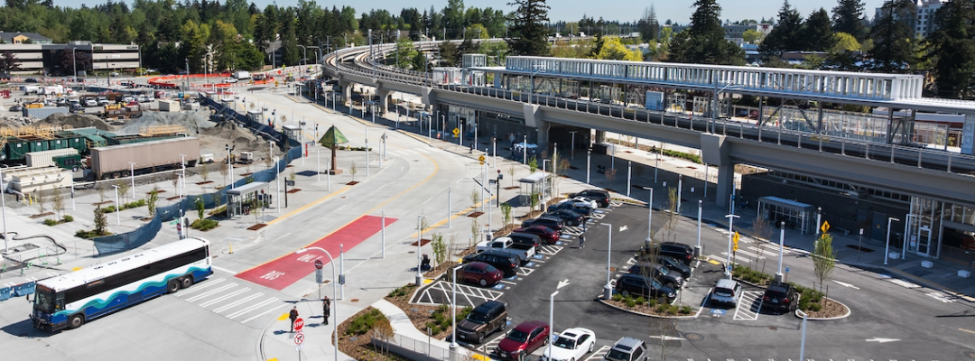 An ST Express bus pulls into the station area at Federal Way Downtown.