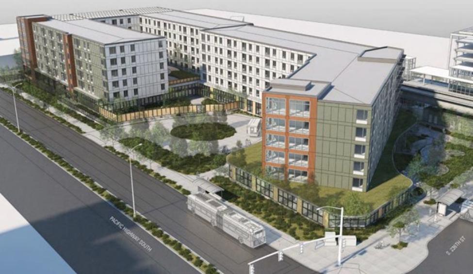 A rendering of a multi-story mixed-use building