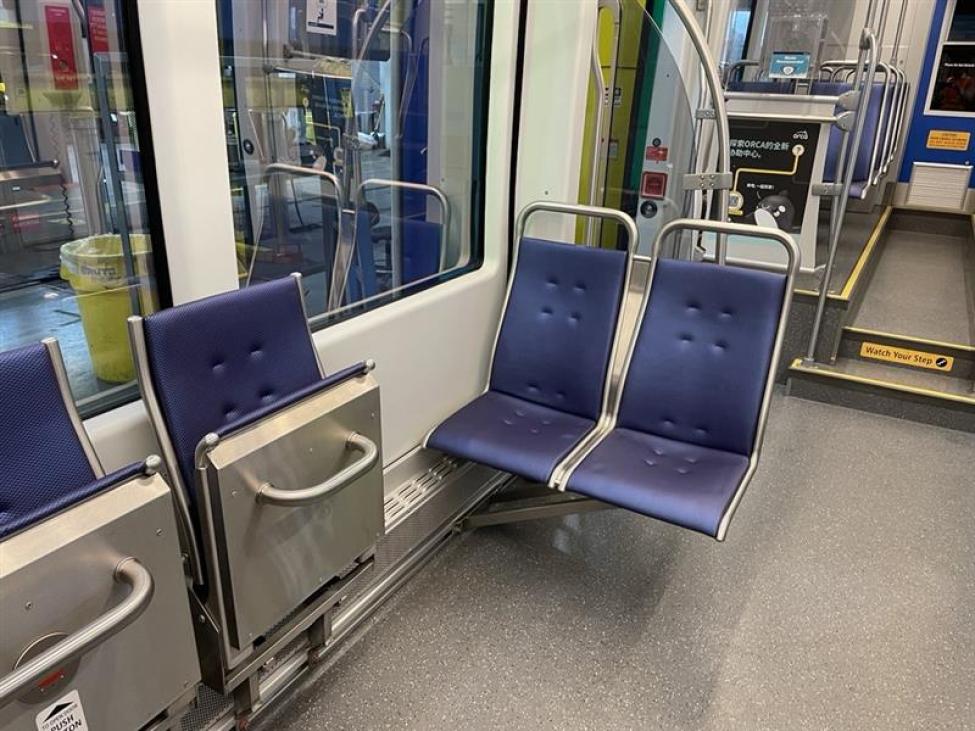 An empty Link car with seats outfitted in the new vinyl material