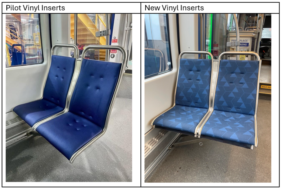 A side by side photo of the material used in the vinyl seat pilot and the material that will now be installed in all Link cars.