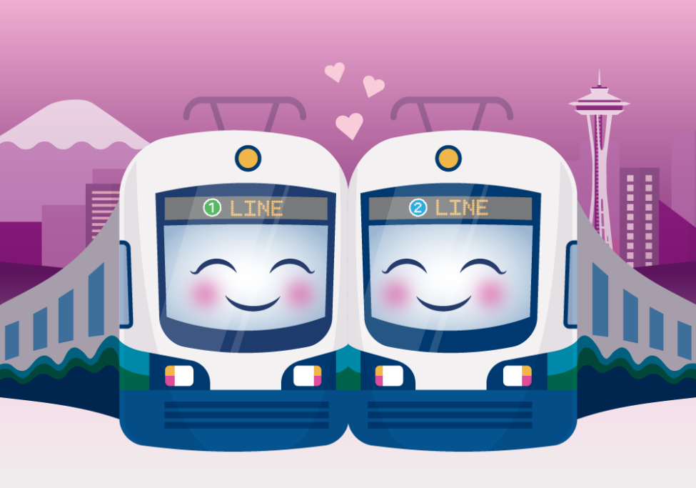 A graphic of two cartoon Link trains, a 1 Line and a 2 Line, hugging. The background is pink and contains a mountain and the Space Needle.