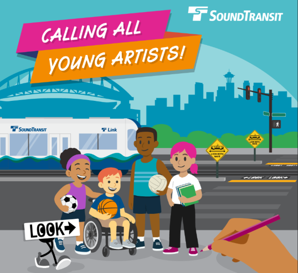 A graphic of kids and a Link train. Text reads "calling all young artists"