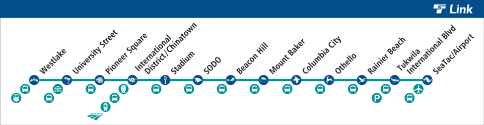 An on-board map shows the stations on the Link system when it first opened, from Westlake to SeaTac/Airport.