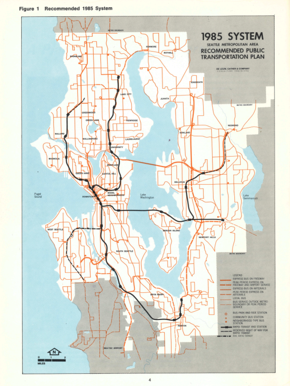 A map of the Puget Sound region with orange lines representing major roads and black showing planned transit