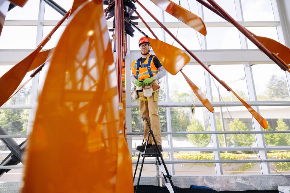 Artwork by Beliz Brother being installed at the Mercer Island Station in May 2022.