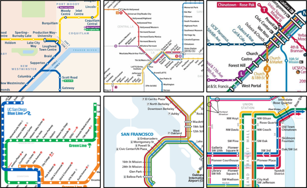 Transit maps of five cities show different colors and names of lines. 