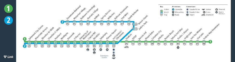 A map shows all Link stations including the interlined stations from Lynnwood City Center to International District/Chinatown.