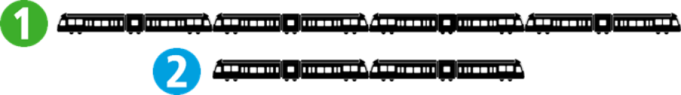 A graphic shows a four-car 1 Line train and a two-car 2 Line train.