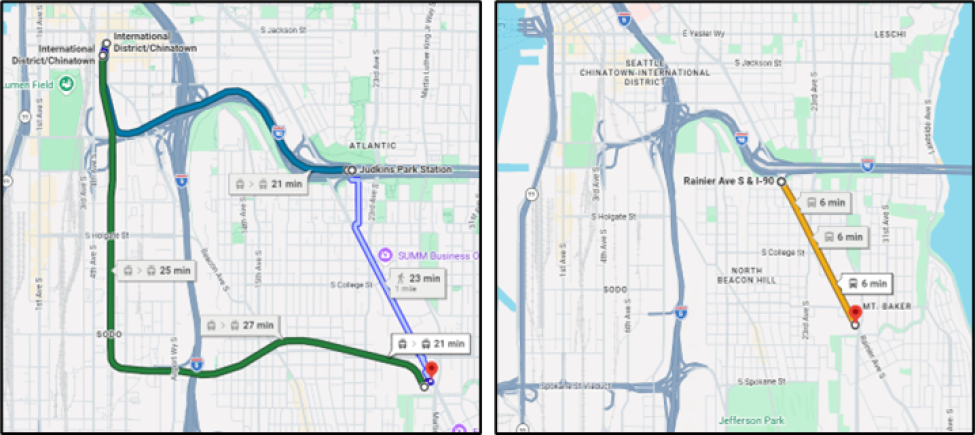 Two trips from a trip planning app show the difference between a train ride from Judkins Park to the airport and a bus ride.