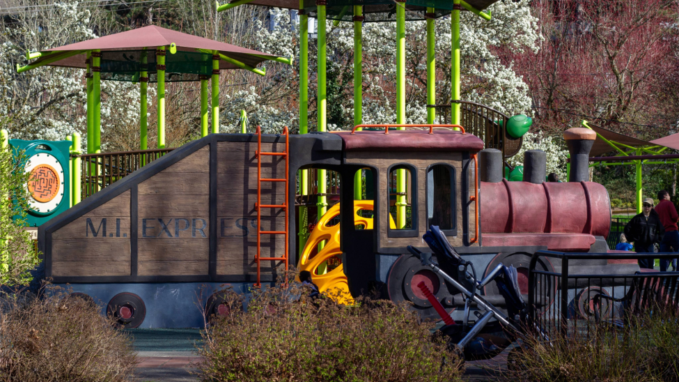 A train-themed playground at Mercerdale Park