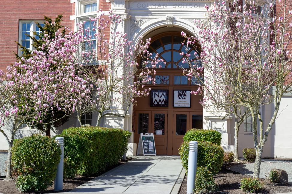 Cherry blossom trees flank the entrance to the Northwest African American Museum