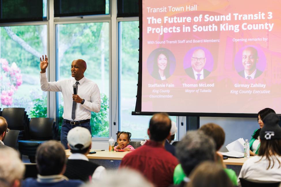 King County Executive Girmay Zahilay speaks at a transit town hall