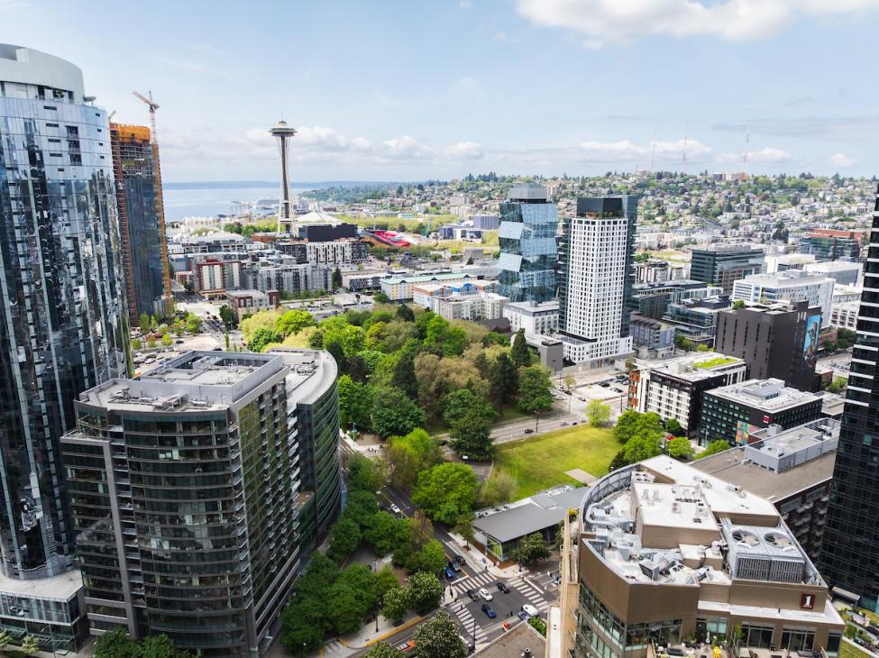 An aerial view of downtown Seattle with the Space Needle on the left 