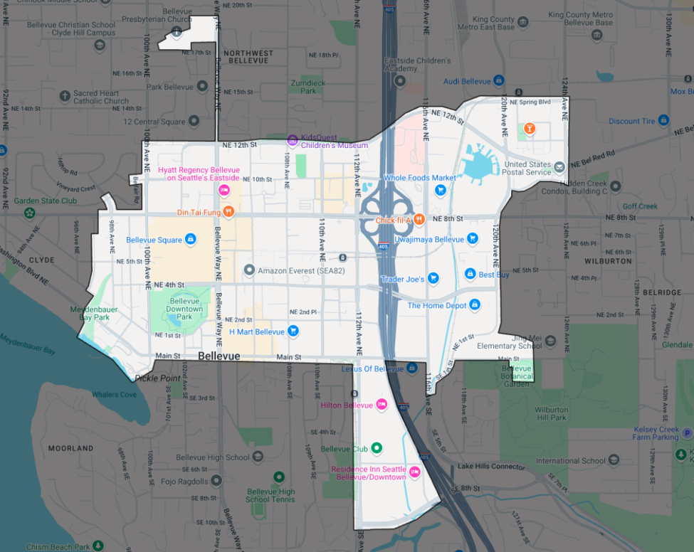 A map shows the service area of a shuttle in Bellevue, centering around downtown but stretching slightly east of I-405