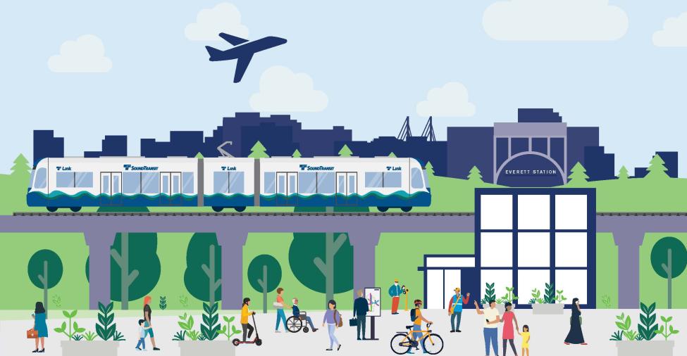  A visualization of community members next to an elevated light rail station in the city of Everett.