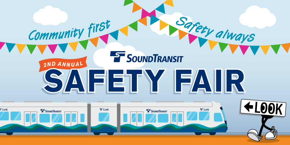 A graphic featuring a link train with the Safety program mascot with text that reads "2nd Annual Safety Fair", "Community first, safety always"