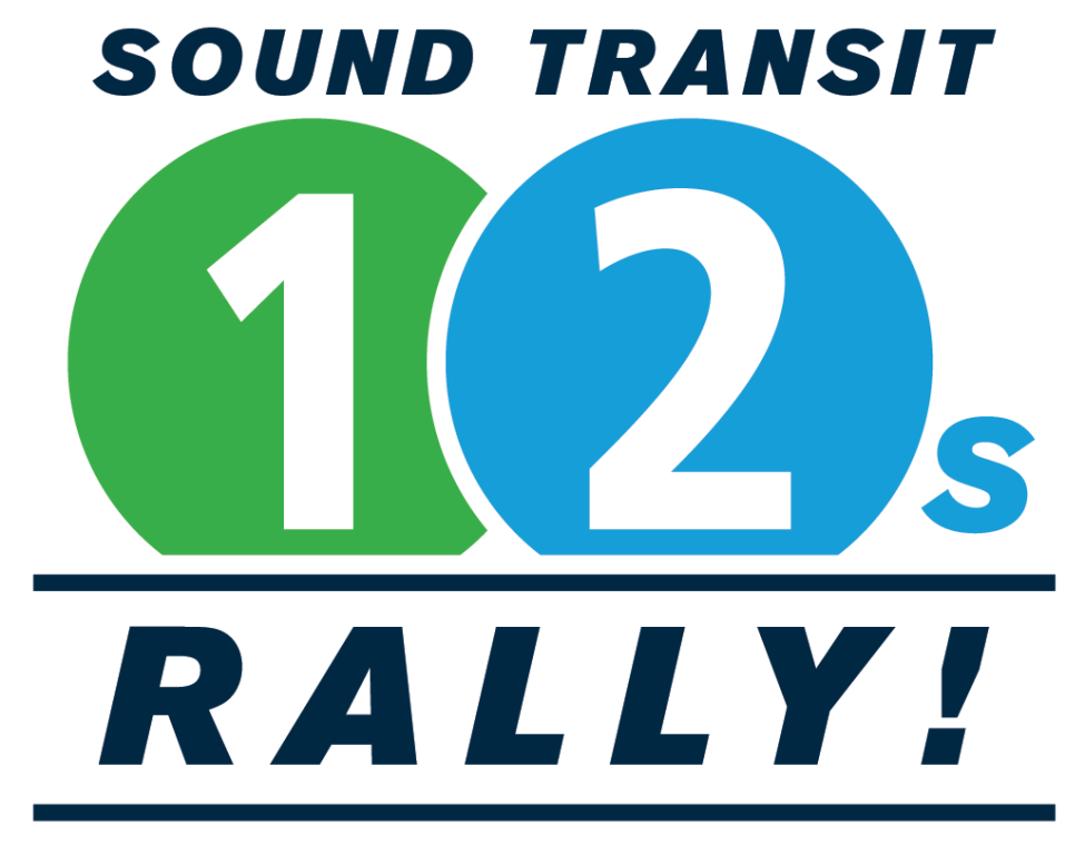 A graphic with a green "1" and a blue "2" for Link's 1 and 2 Line's combine to make a "12" representing Seahawks fans. Text reads "Sound Transit 12s Rally!"