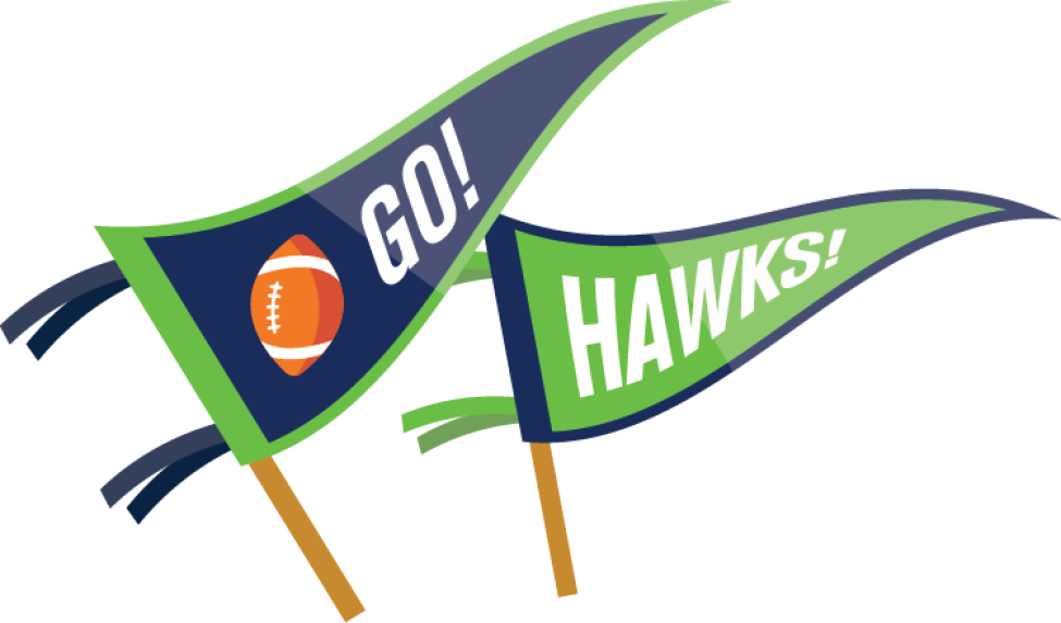 Green and blue flag graphics read "Go! Hawks!"