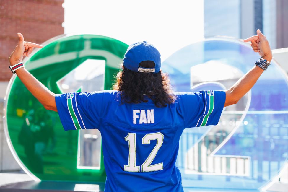 A person facing away from the camera points to the back of their blue jersey, which reads "Fan 12." The numbers 1 and 2 representing Link's 1 and 2 Lines are in the background.