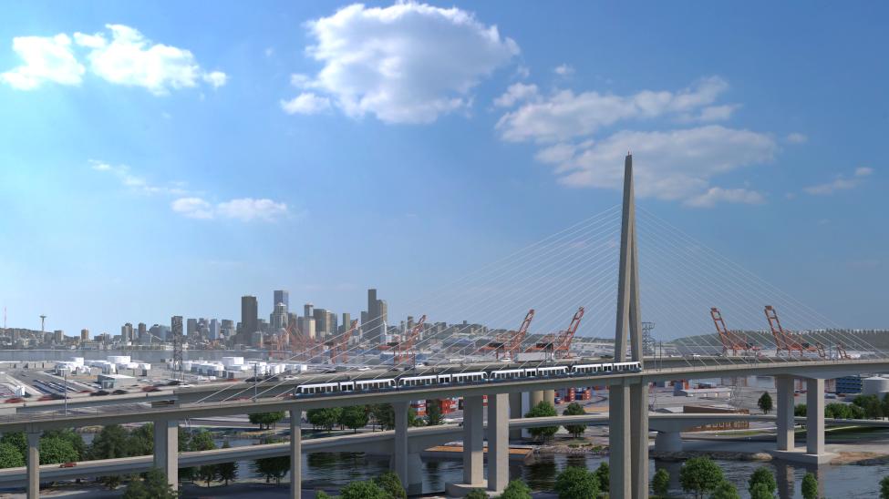 A rendering of a Link train crossing a bridge to West Seattle