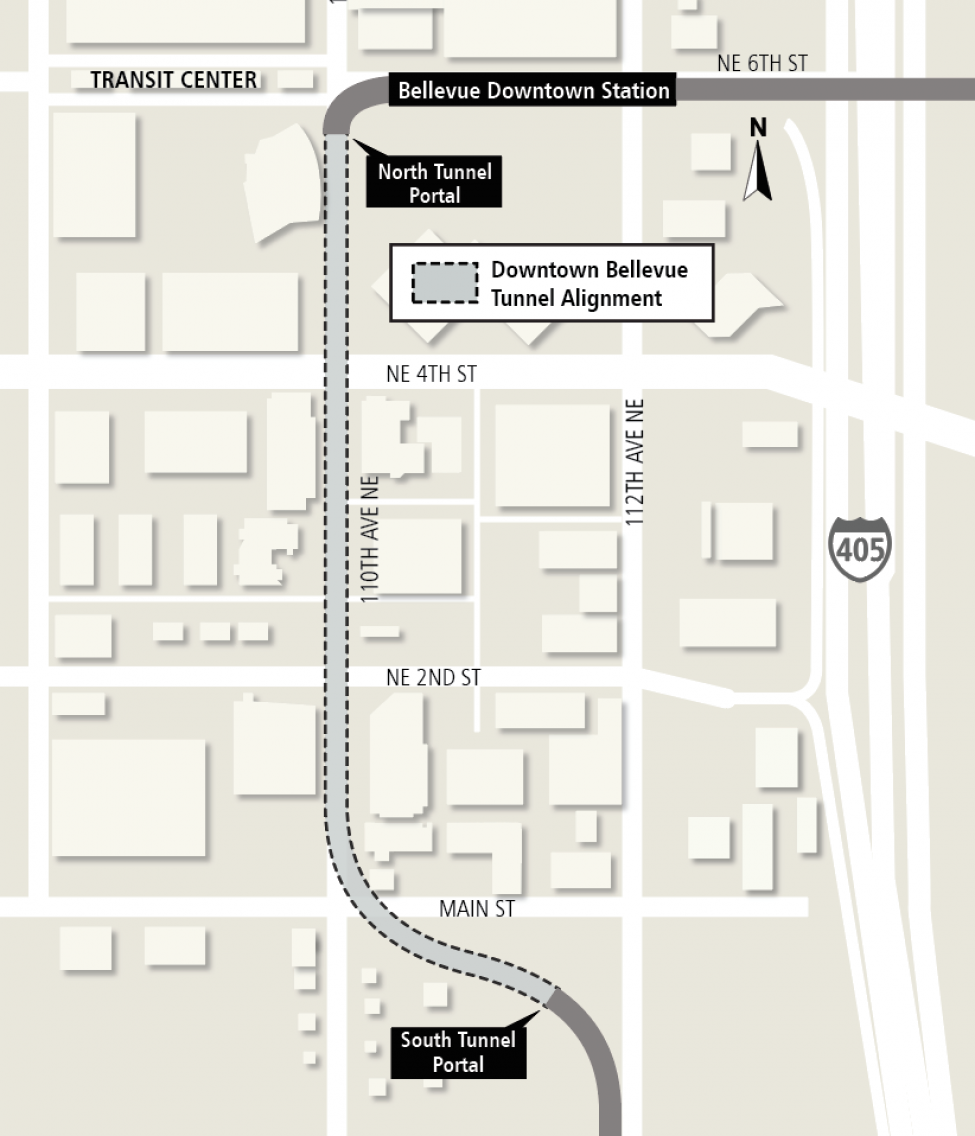 Map of downtown Bellevue Tunnel location