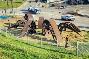 The steel sculpture called Gertie's Ghost after being installed in South Tacoma