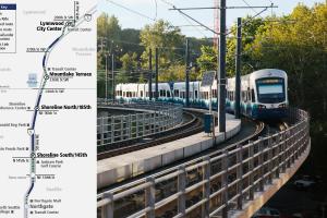 Map of the Lynnwood Link light rail extension and train on elevated tracks