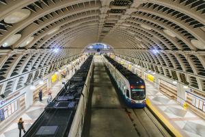 Two trains in Pioneer Square Station.