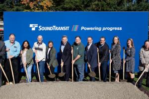 Officials break ground at a ceremonial ceremony to celebrate the start of the downtown Redmond Link Extension. 