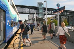 Passengers board a Sounder train at Kent Station.