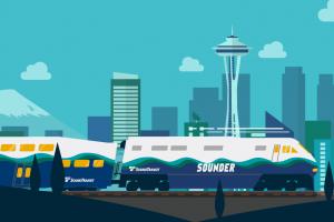Illustration showing Sounder train in Seattle.