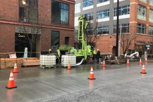 An example of fieldwork crew conducting geo-technical boring to collect soil samples at South Lake Union in Seattle.