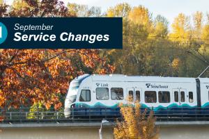 A link light rail train with fall foliage in the background