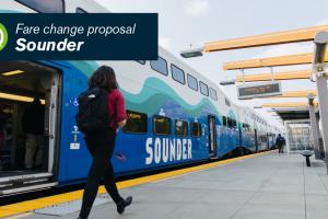 A passenger wearing a backpack walks away from the camera. They are next to a Sounder train at Tukwila Station. 