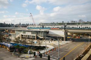 A Link train can be seen at the new Northgate Station as crews continue testing the light rail extension in preparation for opening.