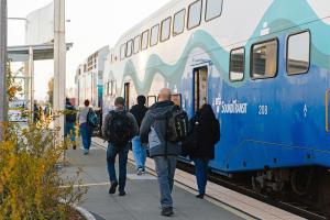 Photo of riders exiting the Sounder Train, South Tacoma Station Access Improvements