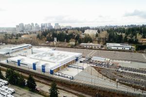 An aerial view of the new light rail base on the Eastside, with downtown Bellevue visible in the distance.