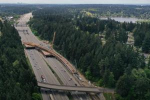 An aerial shot of the new light rail bridge crossing Interstate 5 near Mountlake Terrace.