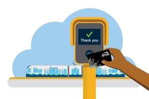 A graphic of a hand tapping an ORCA card on a card reader, with a Link train in the background.