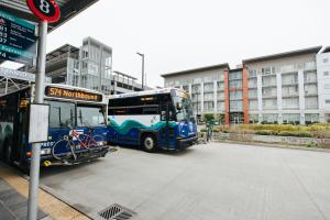 Two buses drive side by side.