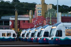 Link light rail trains lined up at the Operations and Maintenance Base