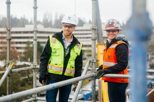 Lori Frederick chats with another construction manager on site of the Northgate Link Extension.